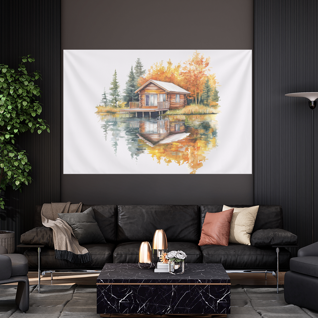 Lakeside Log Cabin Autumn Landscape Wall Tapestry