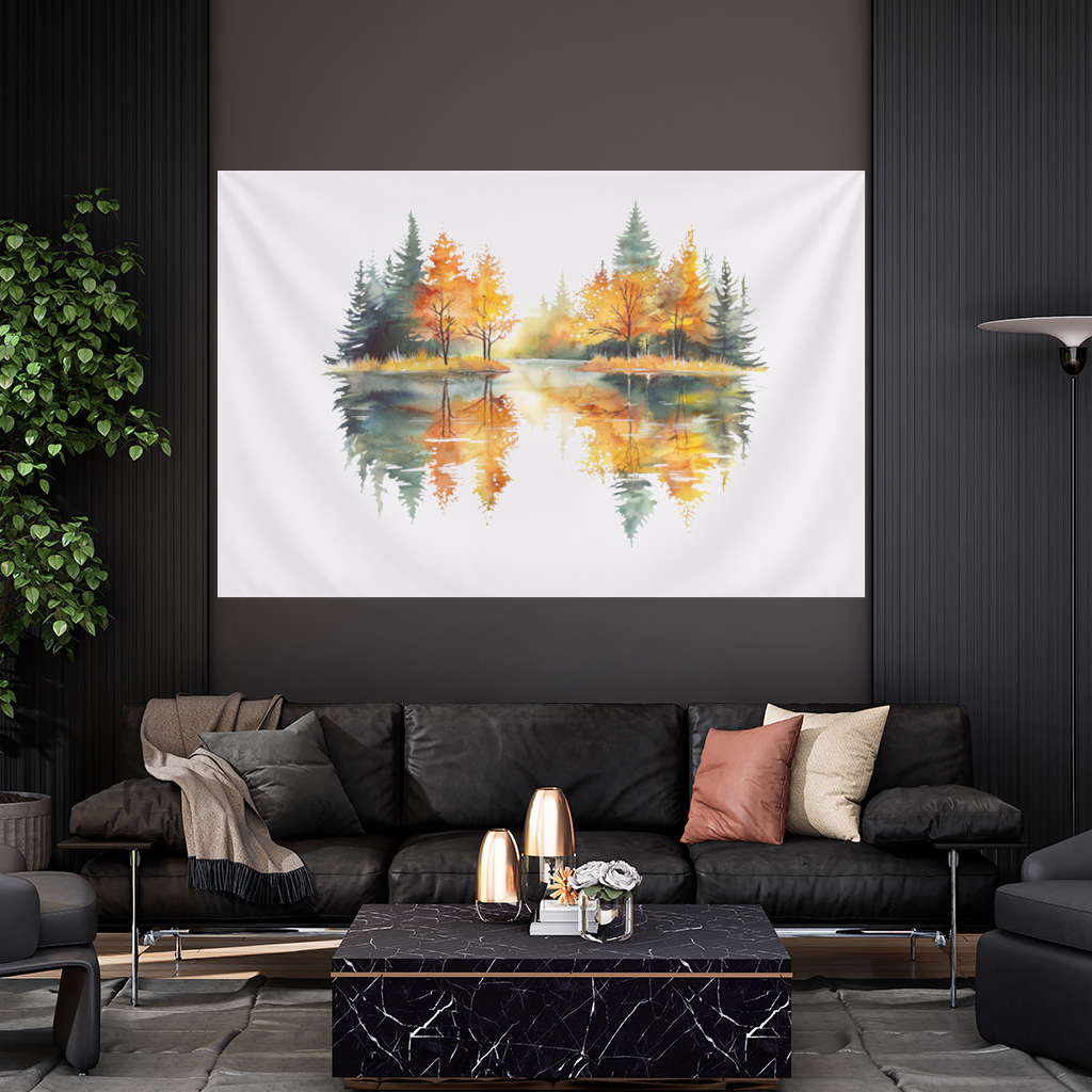 Autumn Forest Lake Reflection Wall Tapestry
