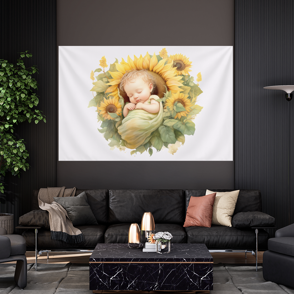 Sleeping Baby in Sunflower Wall Tapestry