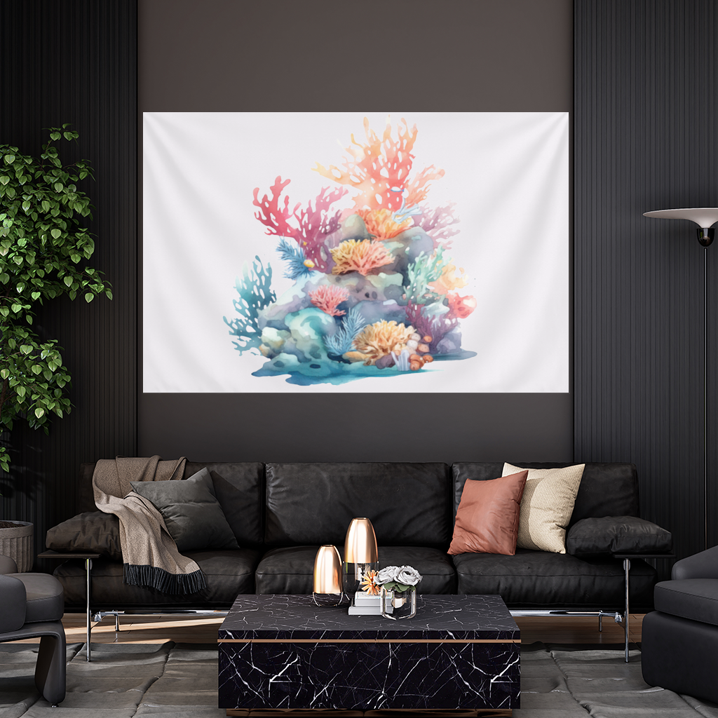 Vibrant Watercolor Coral Reef Scene Wall Tapestry