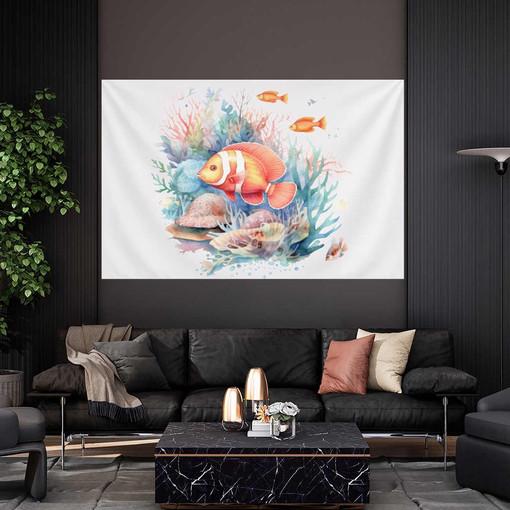 Watercolor Clownfish and Tropical Coral Reef Wall Tapestry