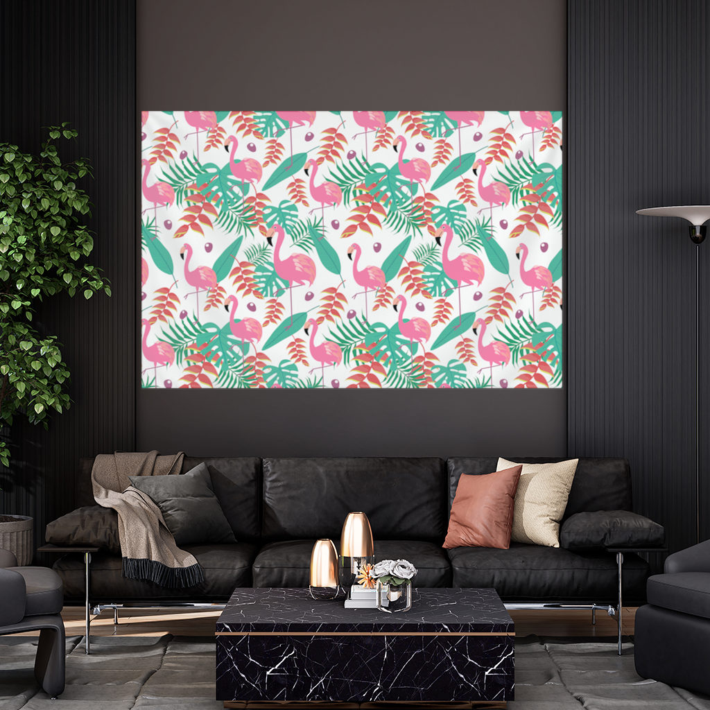 Pink Flamingo Tropical Leaves Wall Tapestry