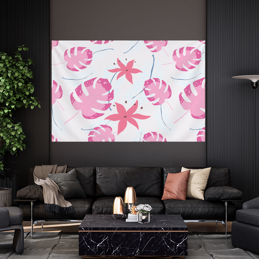 Pink Monstera and Tropical Lily Wall Tapestry