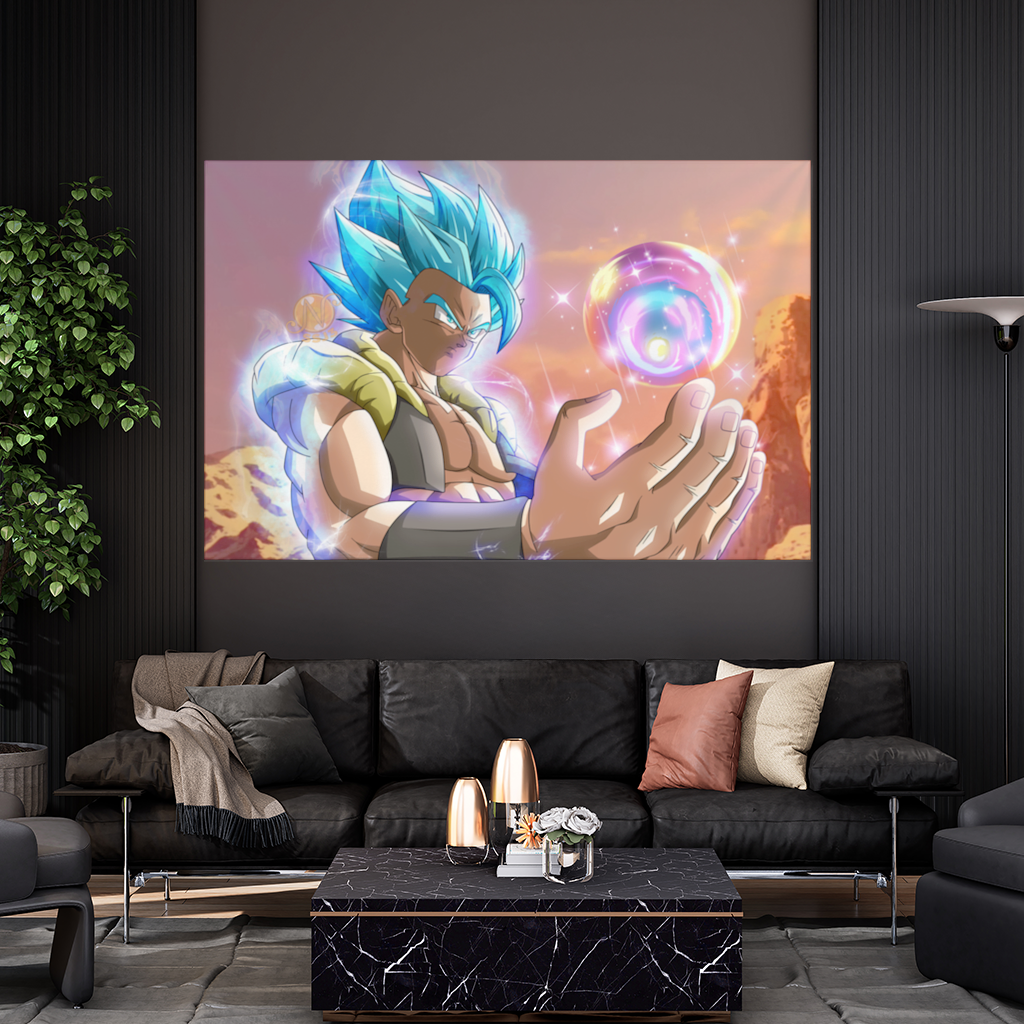 Blue Haired Warrior with Energy Orb Wall Tapestry