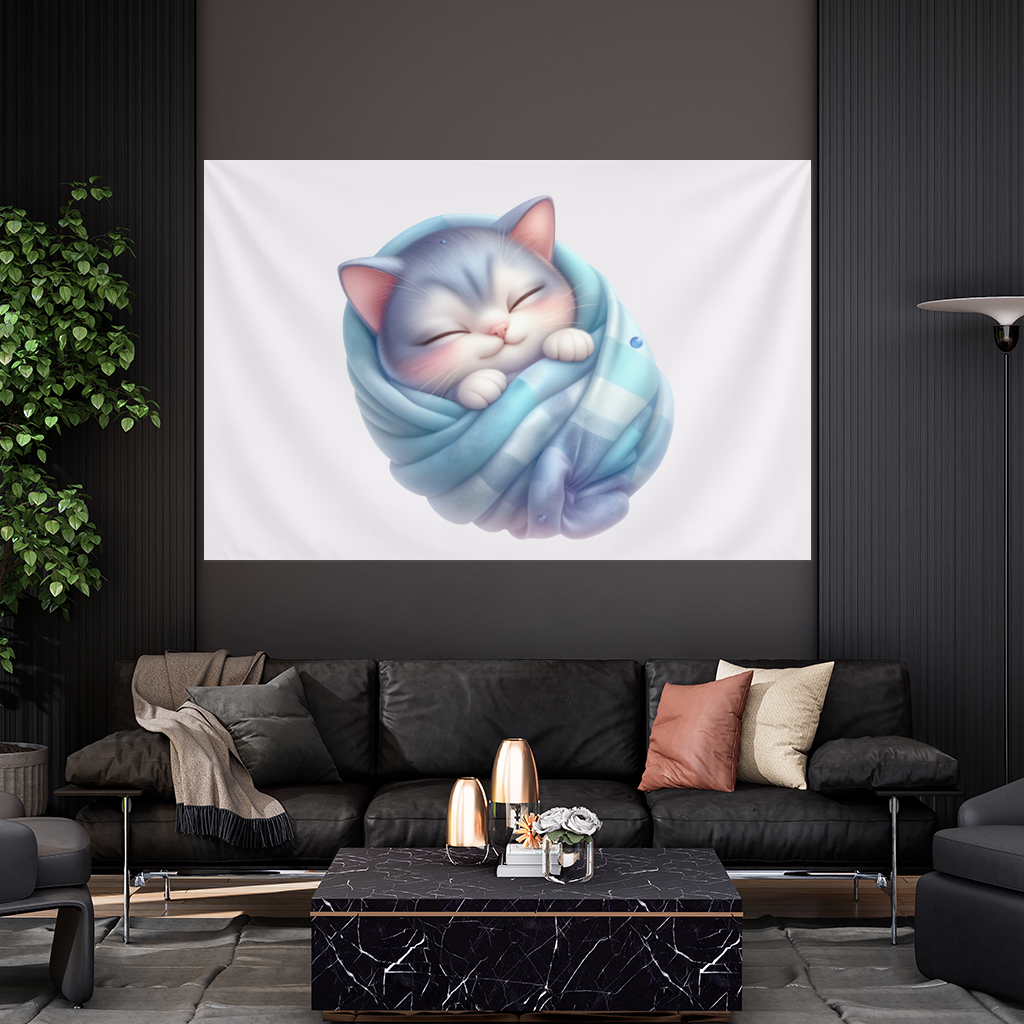 Kawaii Sleeping Kitten in Blue Swaddle Wall Tapestry