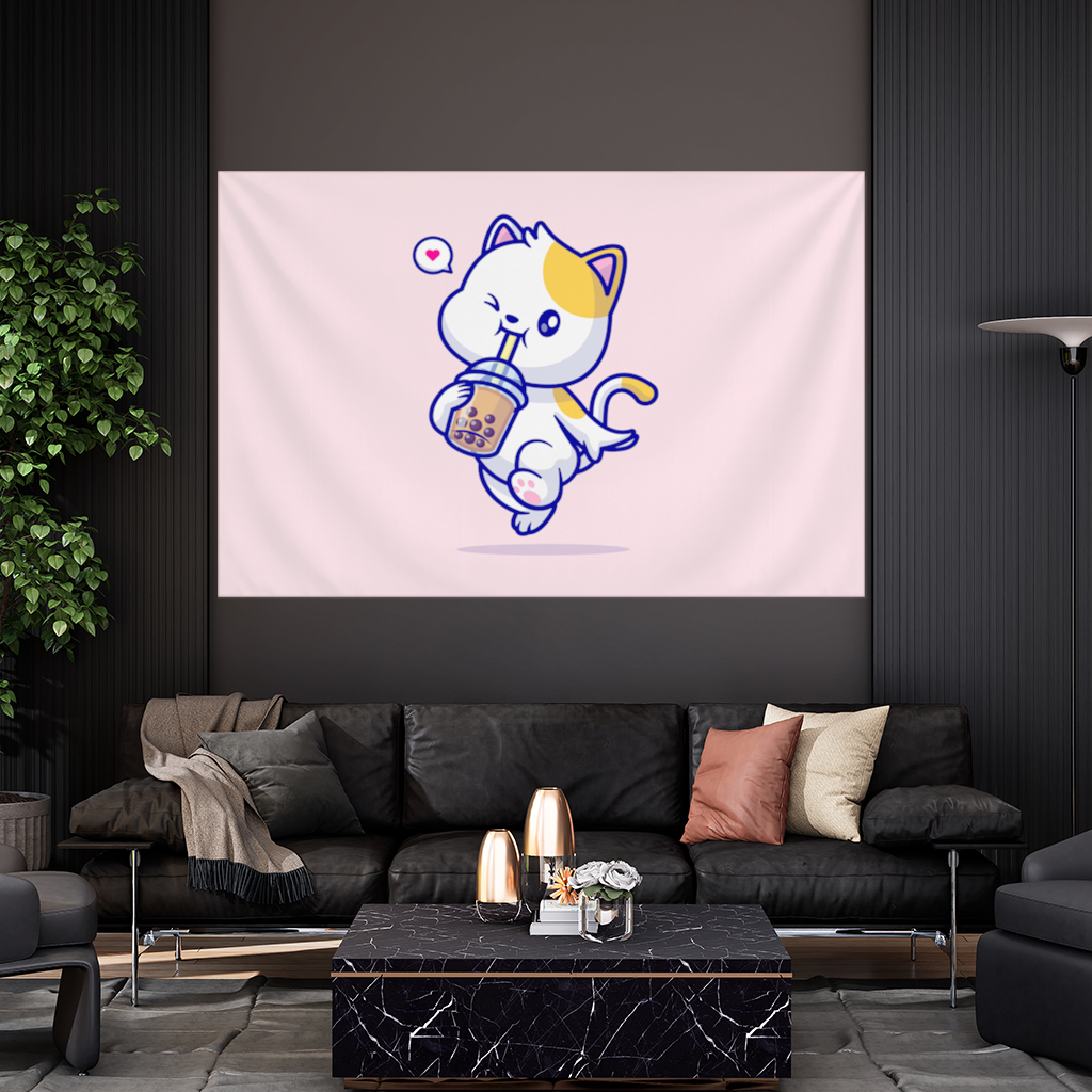 Boba Çayı İçen Kawaii Kedi Duvar Örtüsü