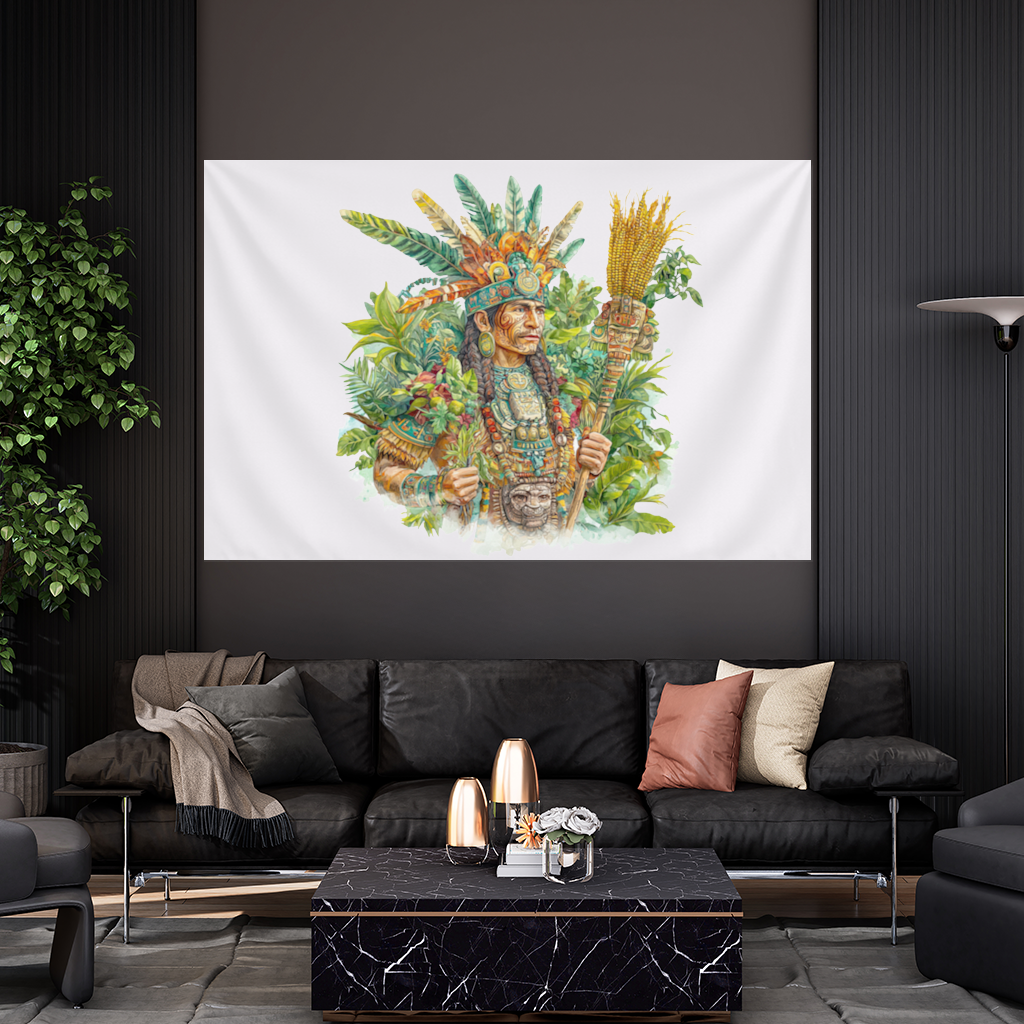 Maya Mısır Rahibi ve Tüylü Başlık Duvar Örtüsü