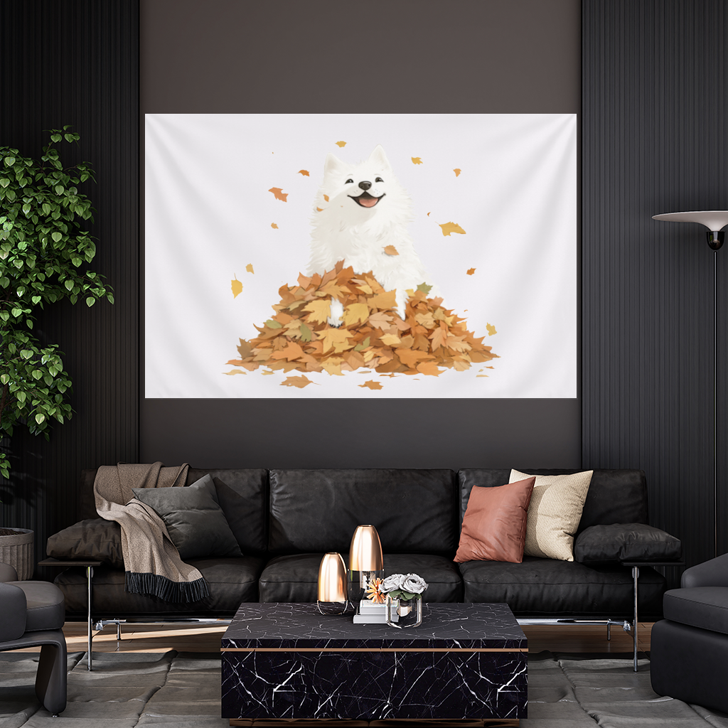 Happy White Dog in Autumn Leaves Wall Tapestry