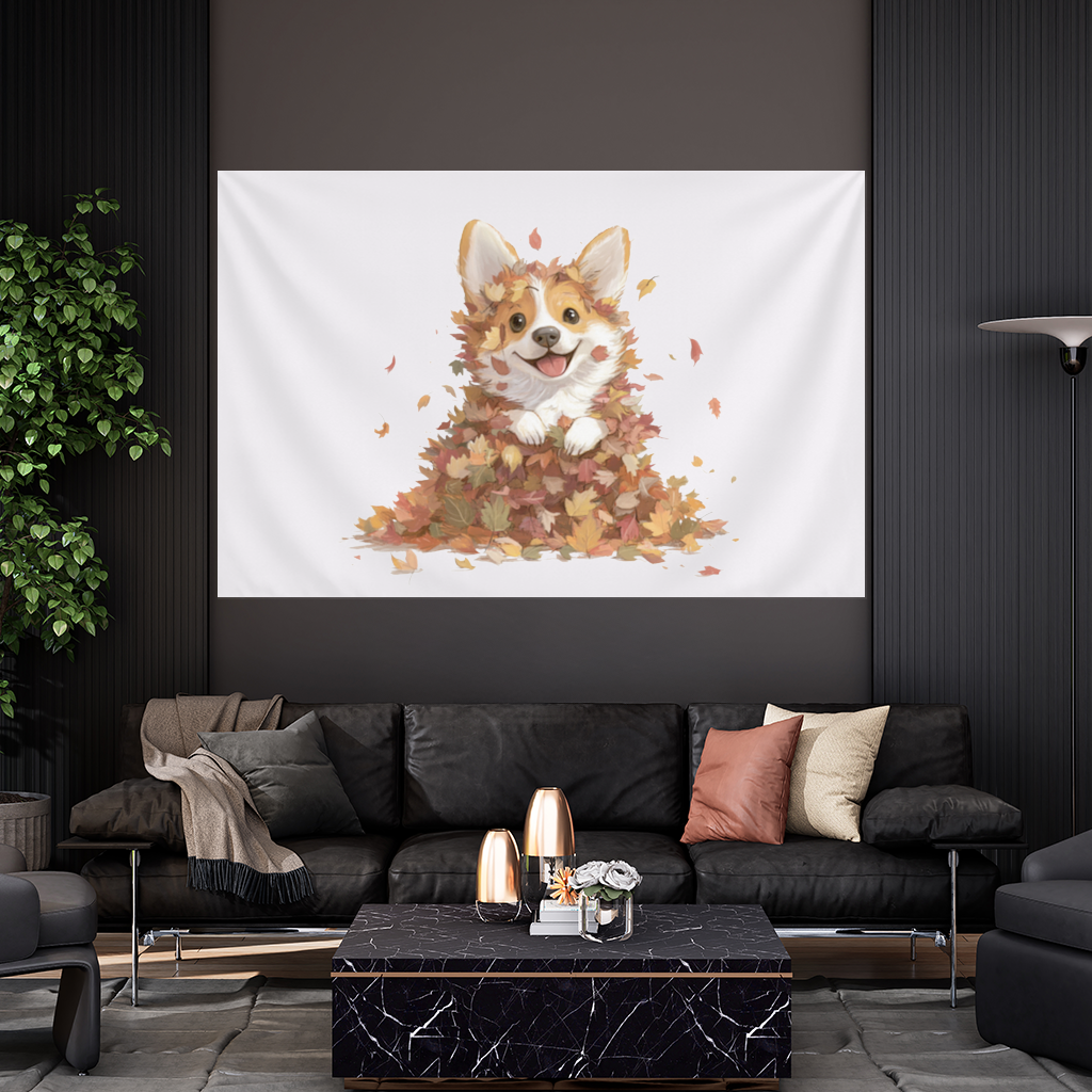 Sonbahar Yaprakları İçinde Mutlu Corgi Duvar Örtüsü