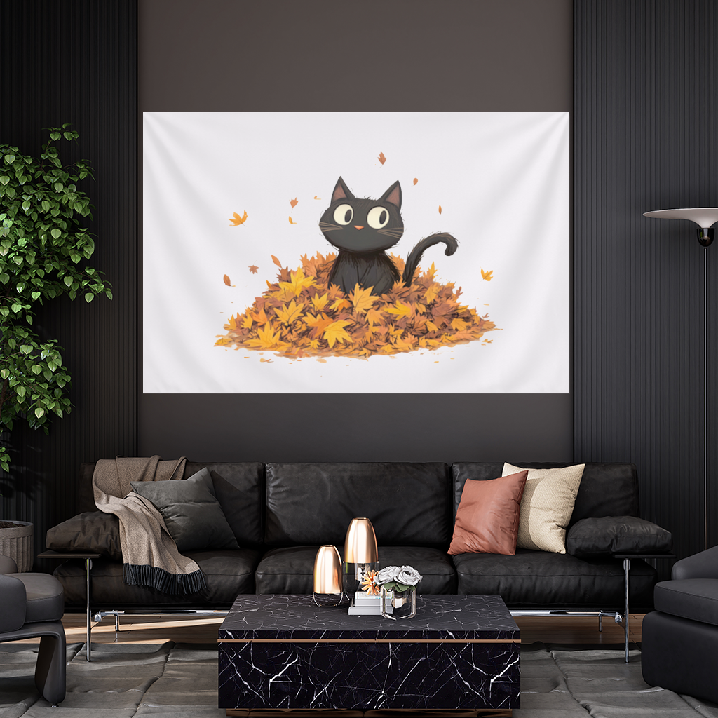 Cute Black Cat in Autumn Leaves Wall Tapestry