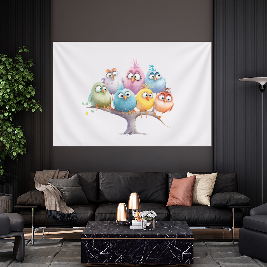 Whimsical Colorful Birds on Branch 