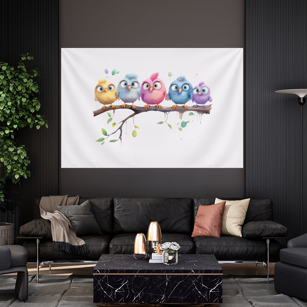 Five Colorful Kawaii Birds on Branch Wall Tapestry