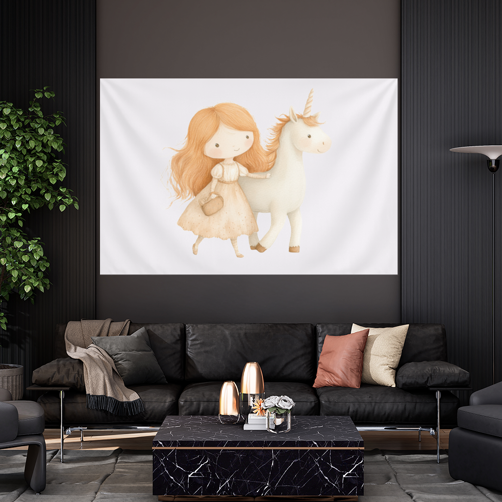 Ginger Girl with Whimsical White Unicorn Wall Tapestry