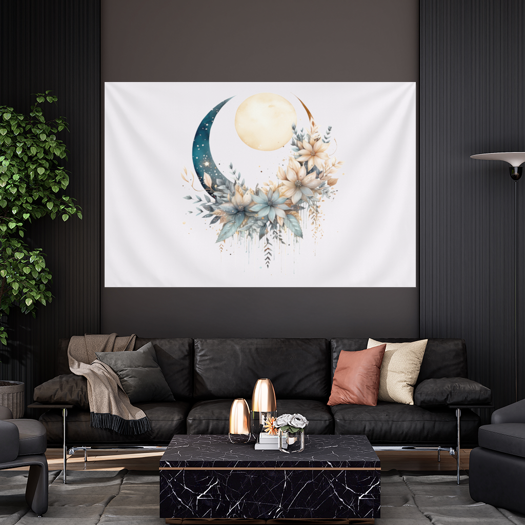 Celestial Boho Moon Floral Wall Tapestry
