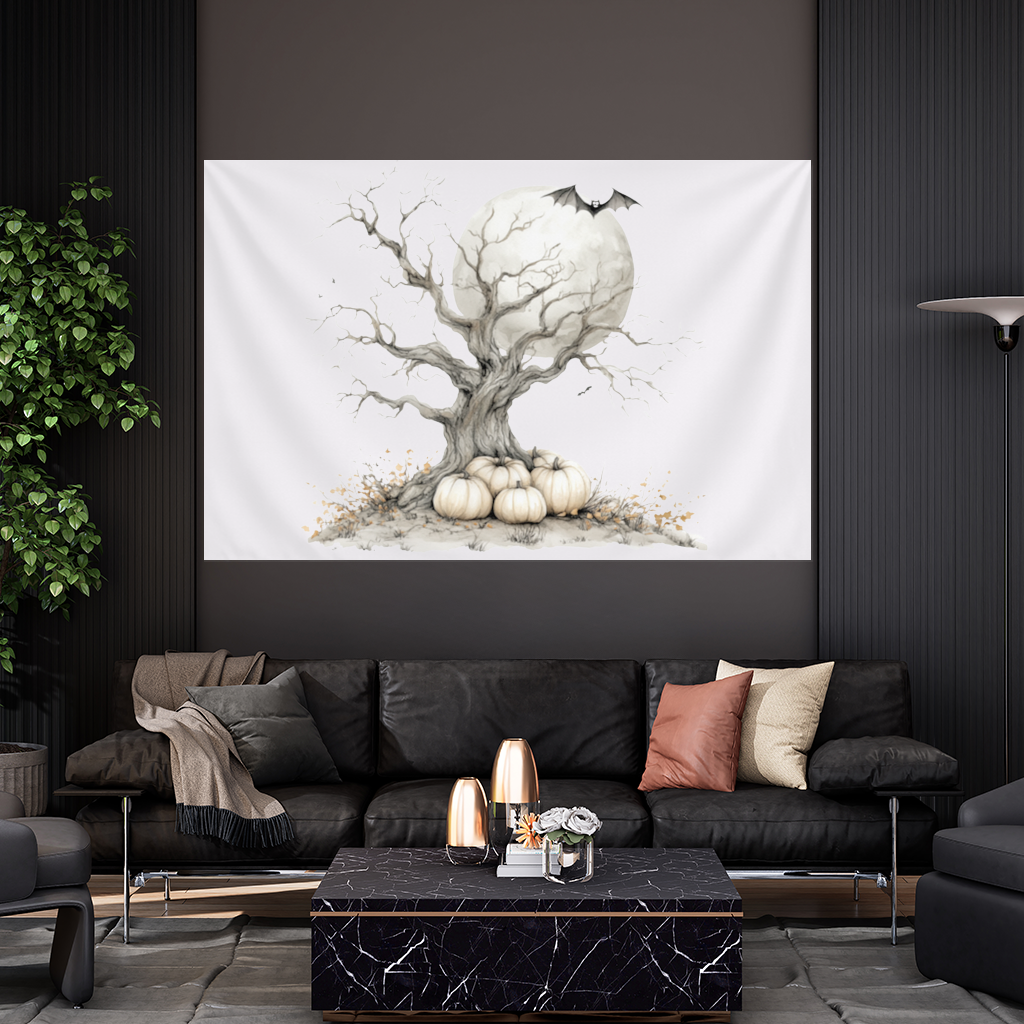 Spooky Tree with White Pumpkins Moon Wall Tapestry