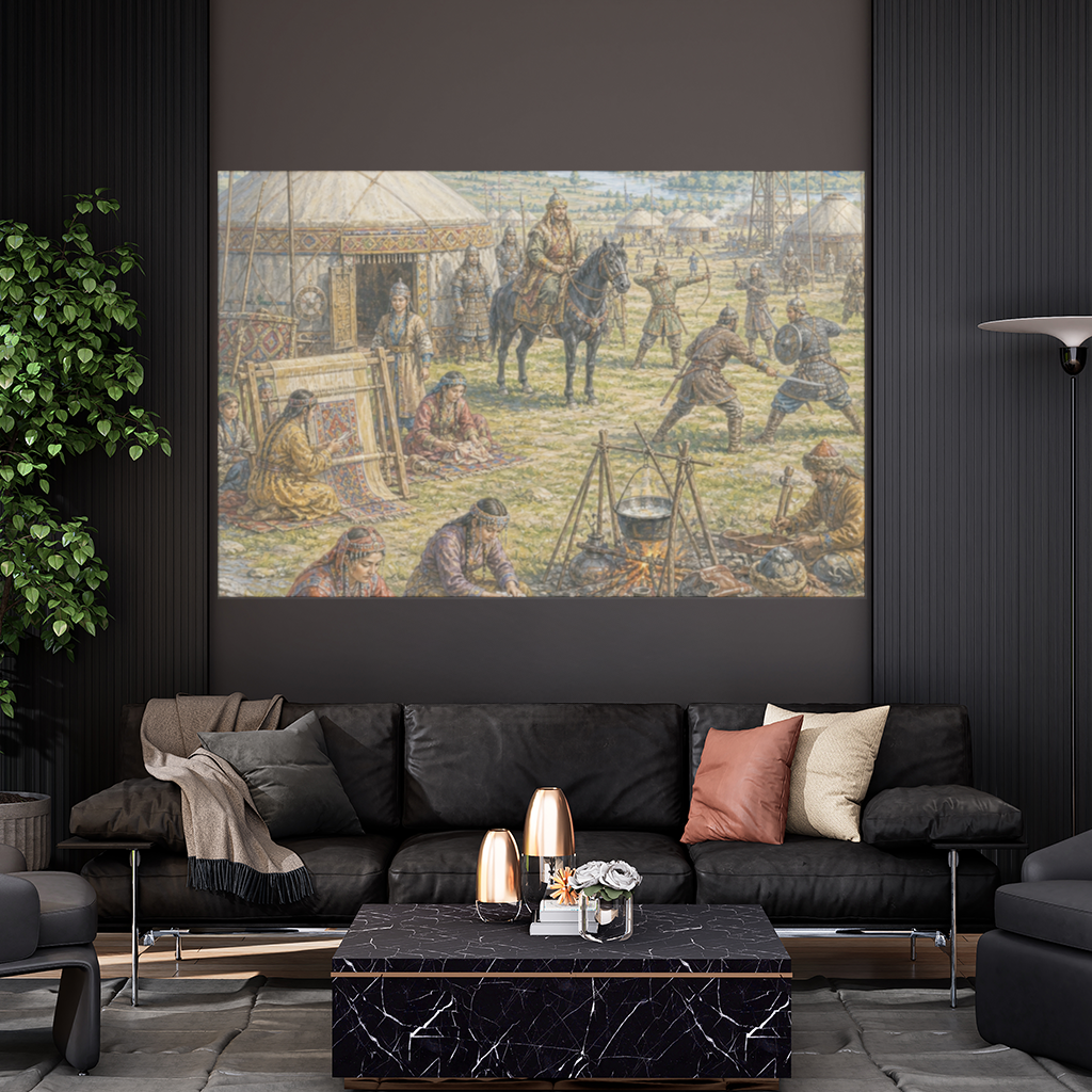 Ancient Steppe Heritage Historic Turkish Camp Scene Art Wall Tapestry