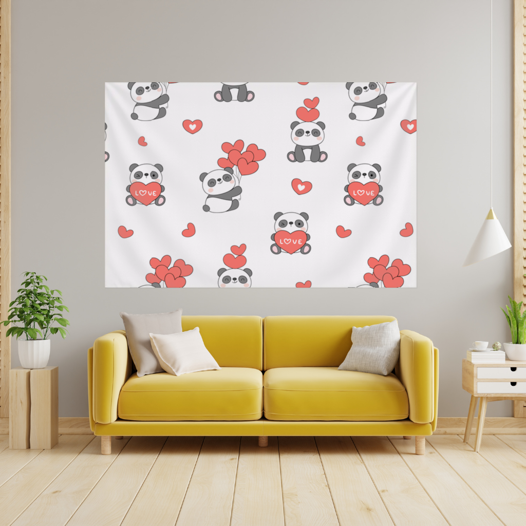 14 Şubat Sevimli Panda Kalp Desenli Aşk Tasarımı Duvar Örtüsü