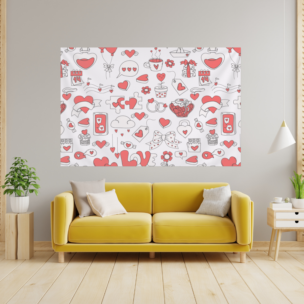 Valentines Day Doodle Love Heart Pattern Cute Design Wall Tapestry