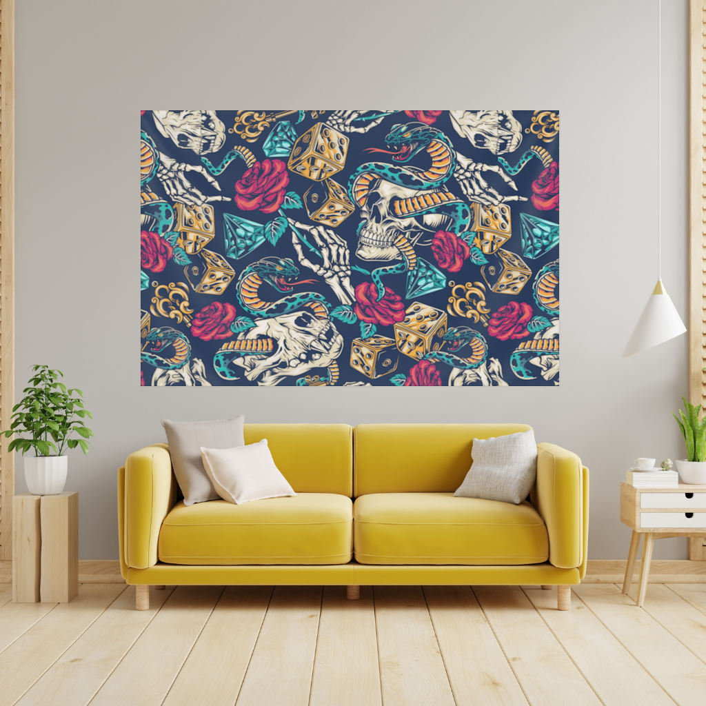 Skull Snake Dice and Roses Pattern Wall Tapestry