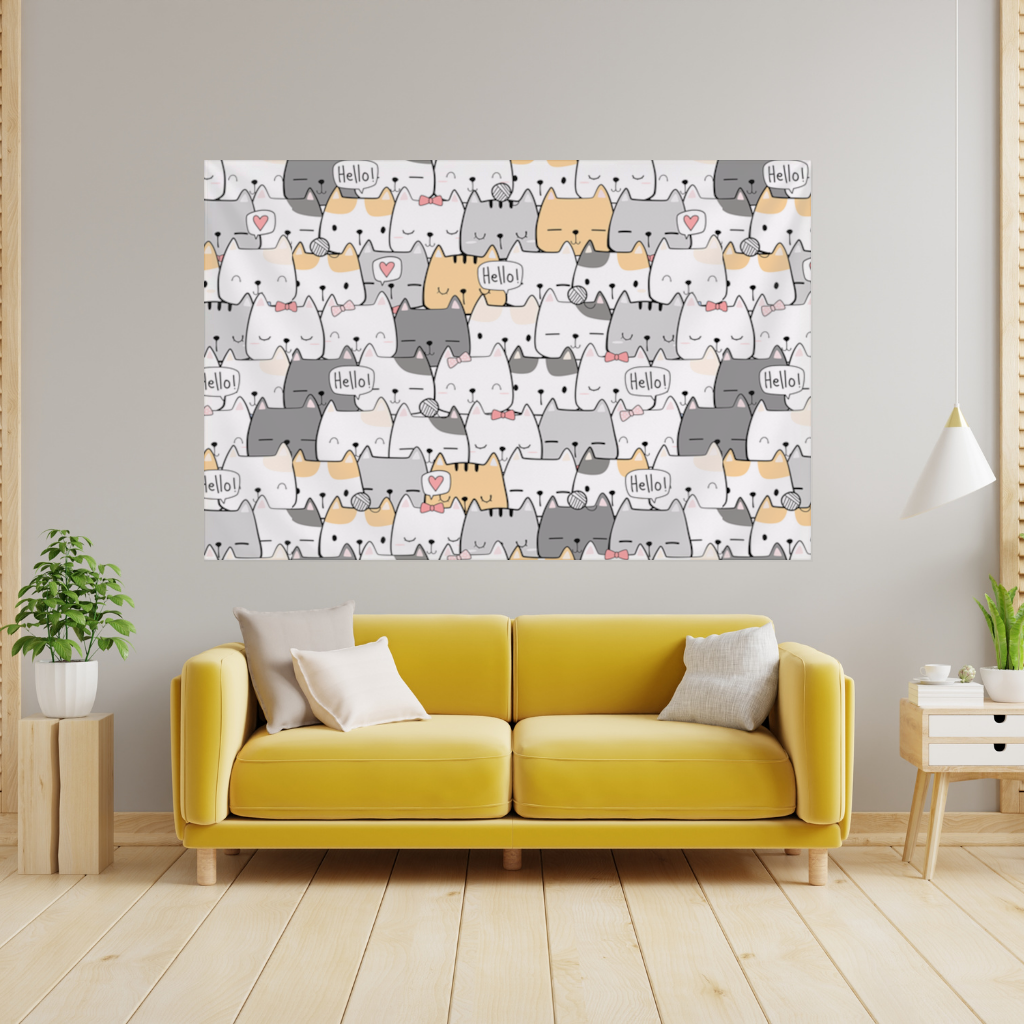 Cute Cartoon Cats Pattern with Speech Bubbles Wall Tapestry