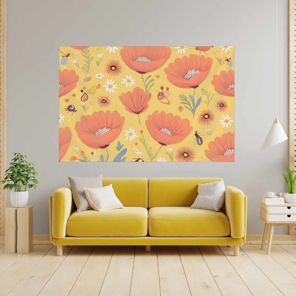 Çiçek ve Böcek Deseni Renkli Pattern Duvar Örtüsü