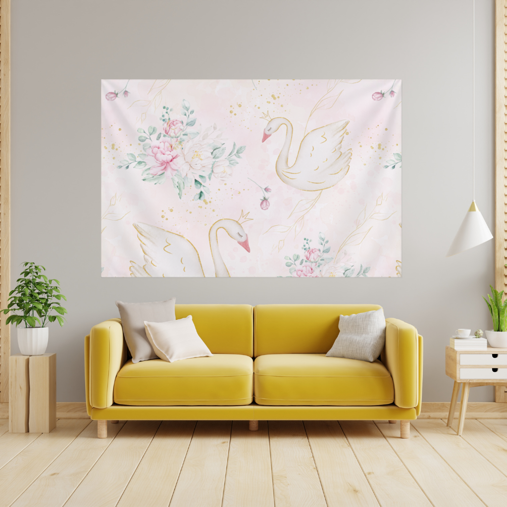 Pastel Watercolor Swan Floral Pattern Wall Tapestry