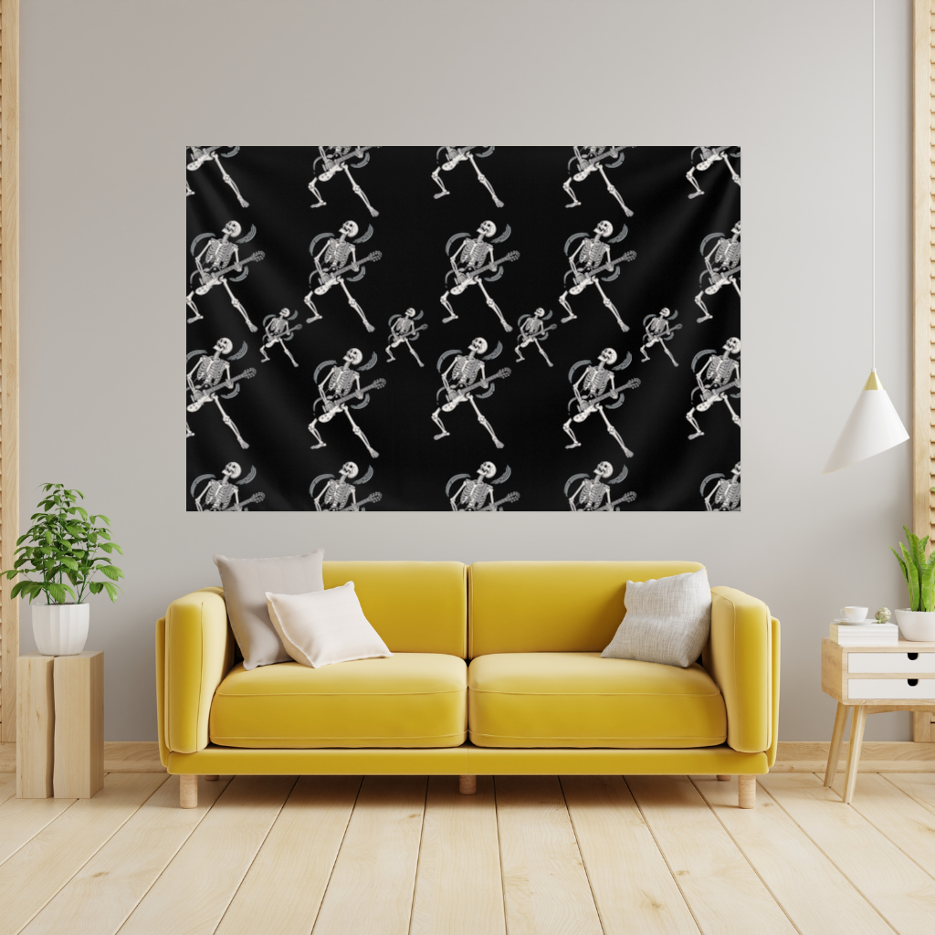 Rock Guitar Playing Skeleton Pattern on Black Wall Tapestry