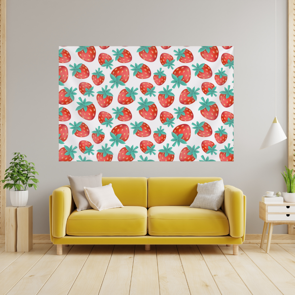 Canlı Kırmızı Çilek Desenli Yaz Motifi Duvar Örtüsü