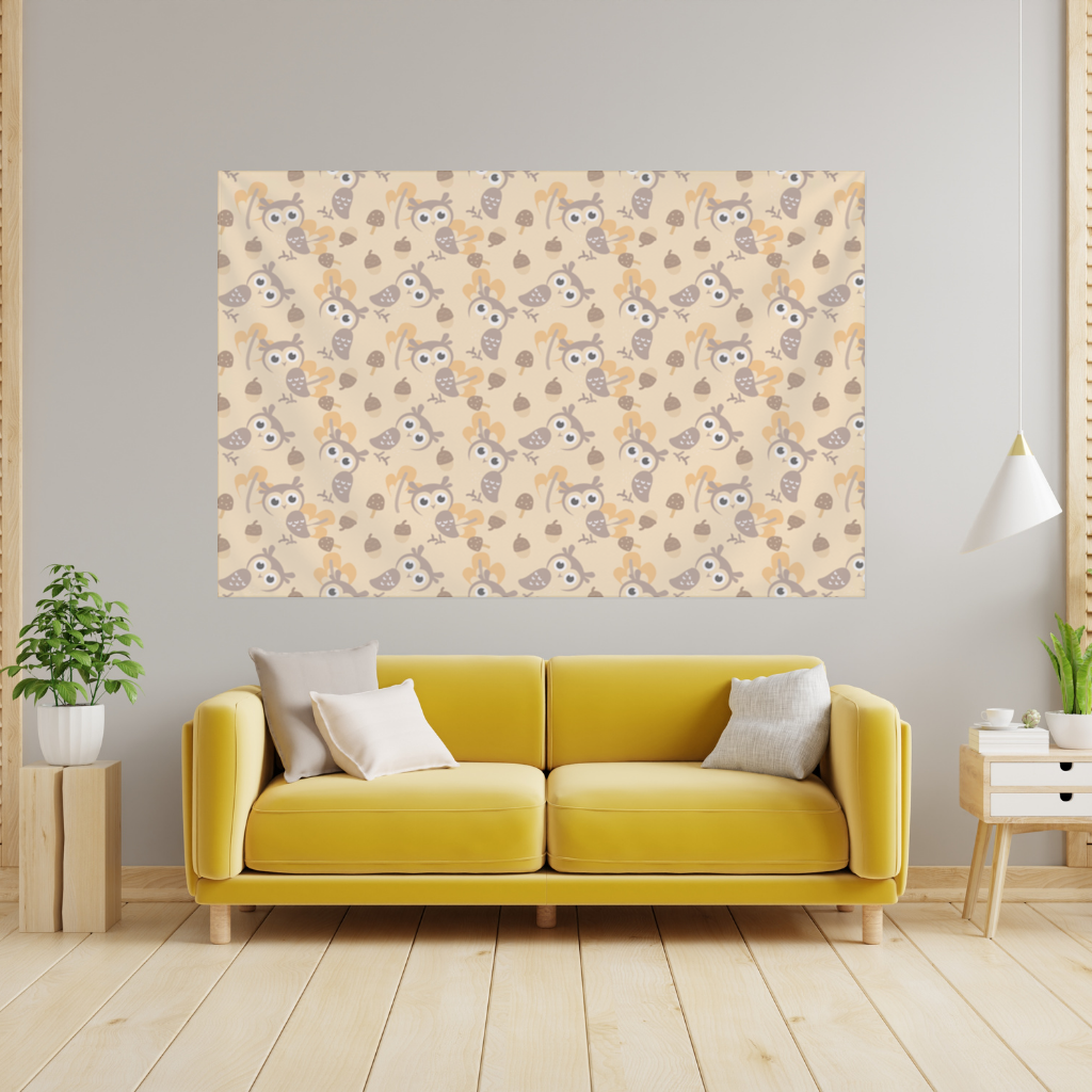 Cute Owl and Acorn Autumn Seamless Pattern Wall Tapestry