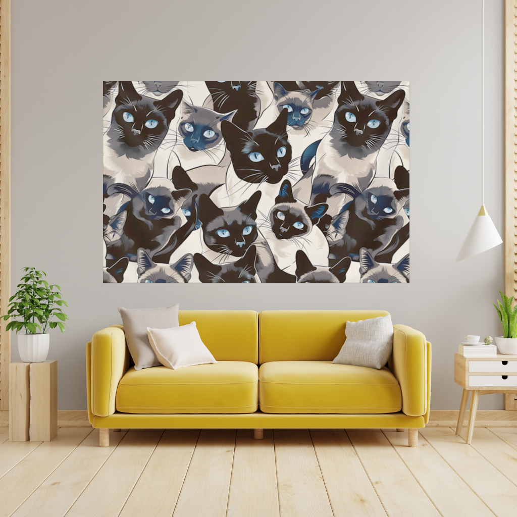 Mavi Gözlü Siyam Kedisi Desenli Şık İllüstrasyon Duvar Örtüsü