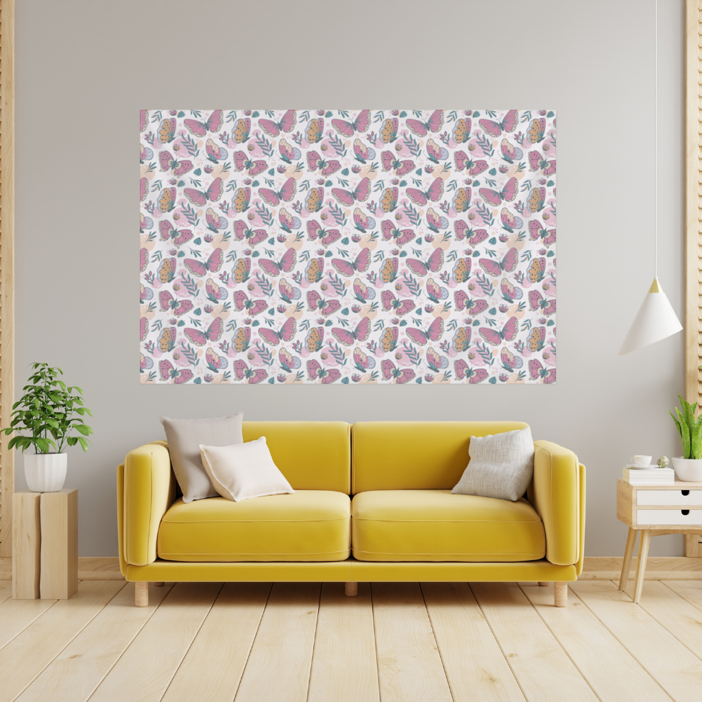 Pastel Butterflies and Botanical Leaves Seamless Pattern Wall Tapestry