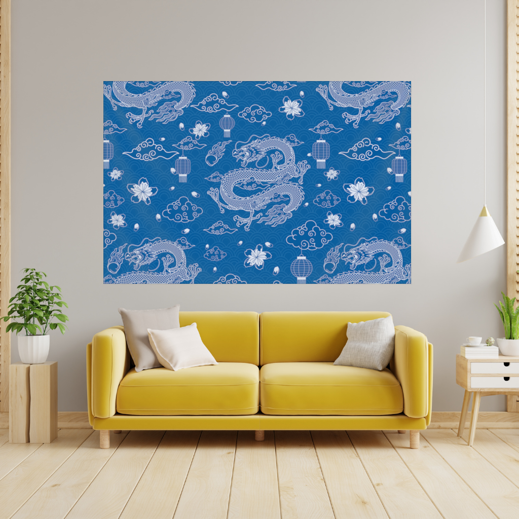 Traditional Dragon Pattern on Blue Background 