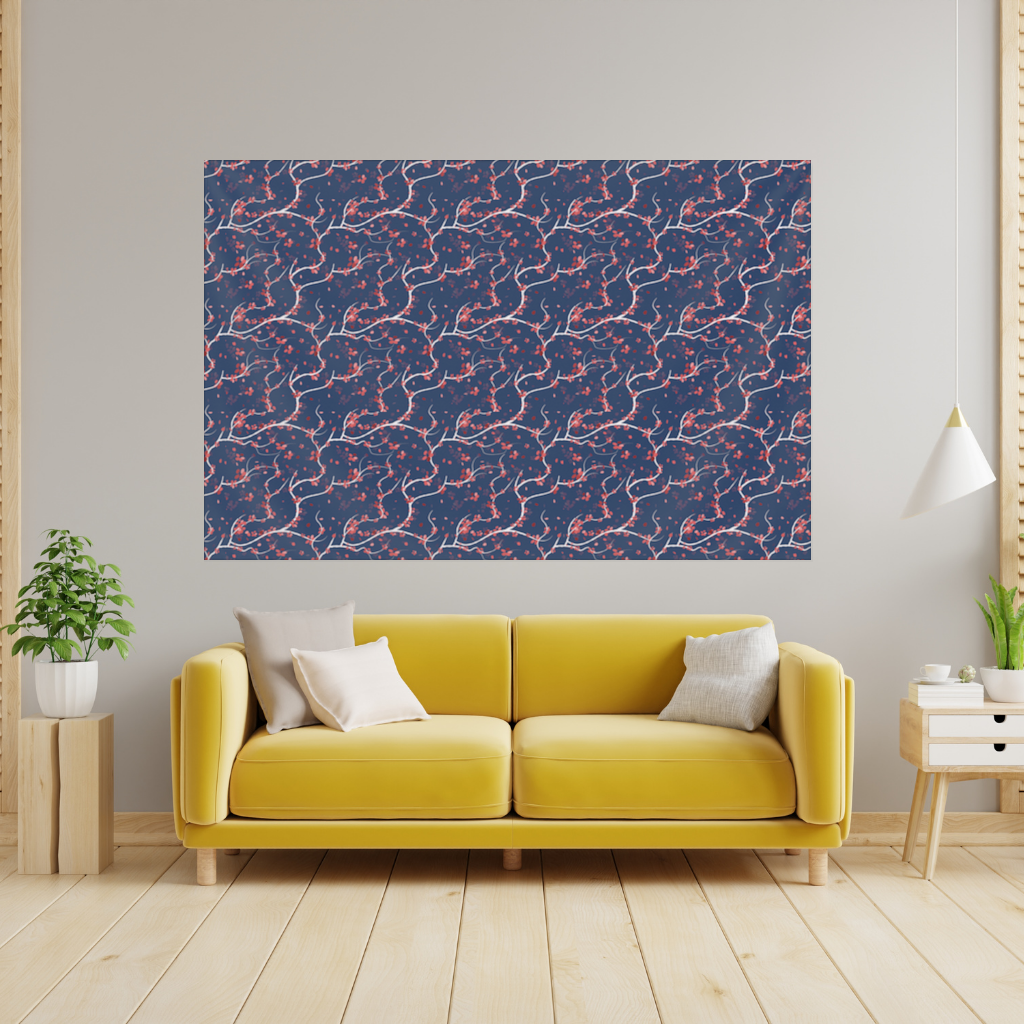 Red Floral Branch Pattern on Navy Background Wall Tapestry