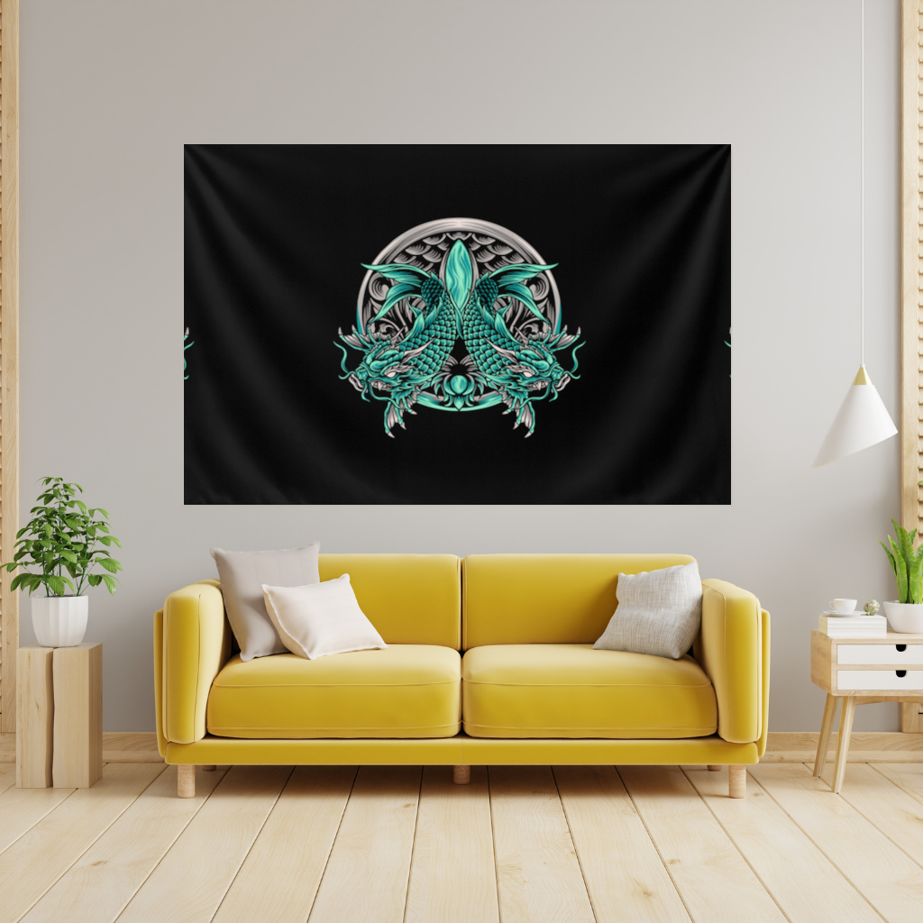Turquoise Twin Dragon Emblem Design Wall Tapestry