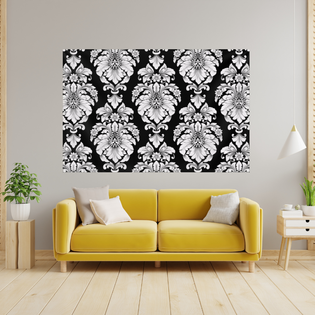 Black and White Baroque Floral Pattern Wall Tapestry