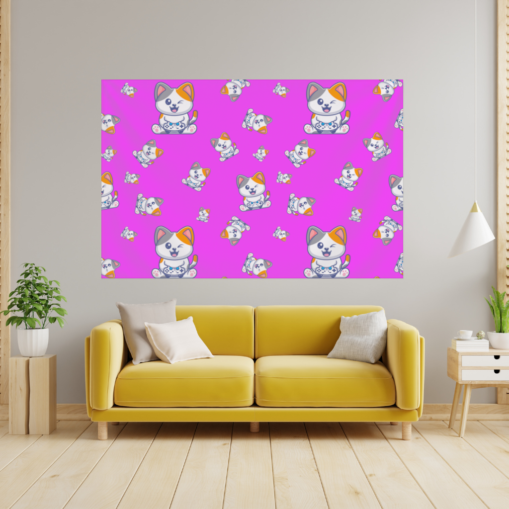 Cute Cartoon Cat Pattern on Pink Background Wall Tapestry