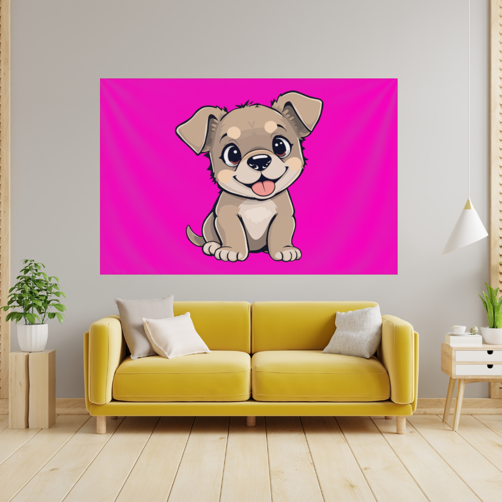 Cute Dog Illustration on Pink Background Wall Tapestry