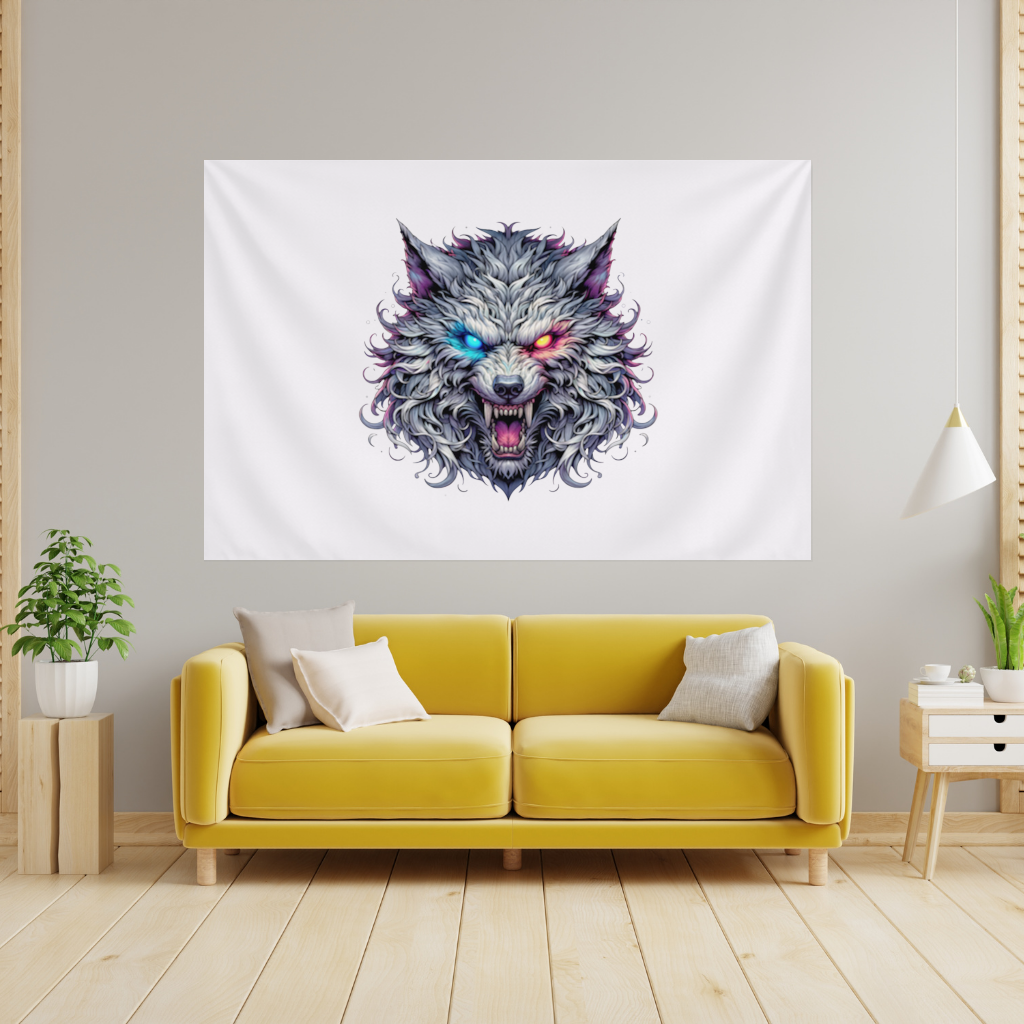 Fierce Wolf Head Illustration Heterochromia Eyes, Savage Wolf Wall Tapestry