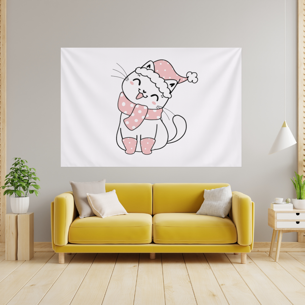 Cute Christmas Cat with Pink Polka Dot Outfit Wall Tapestry