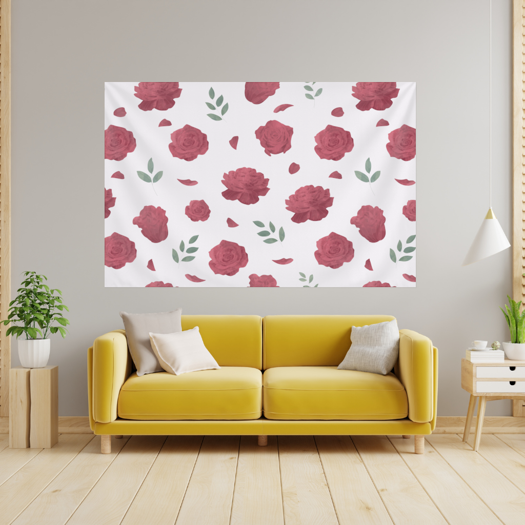 Kırmızı Gül ve Yaprak Desenli Romantik Arka Plan Duvar Örtüsü