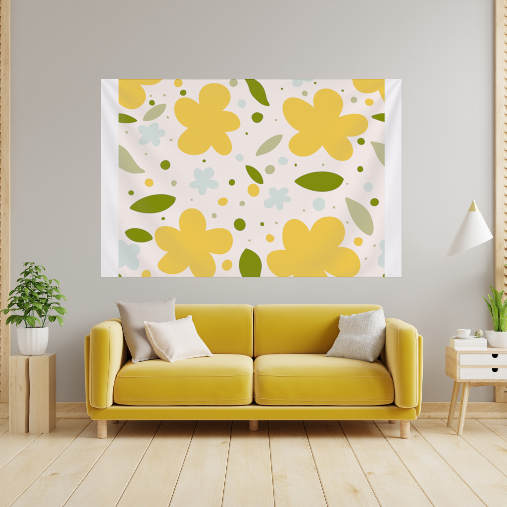 Yellow Floral and Leaf Boho Seamless Pattern Wall Tapestry