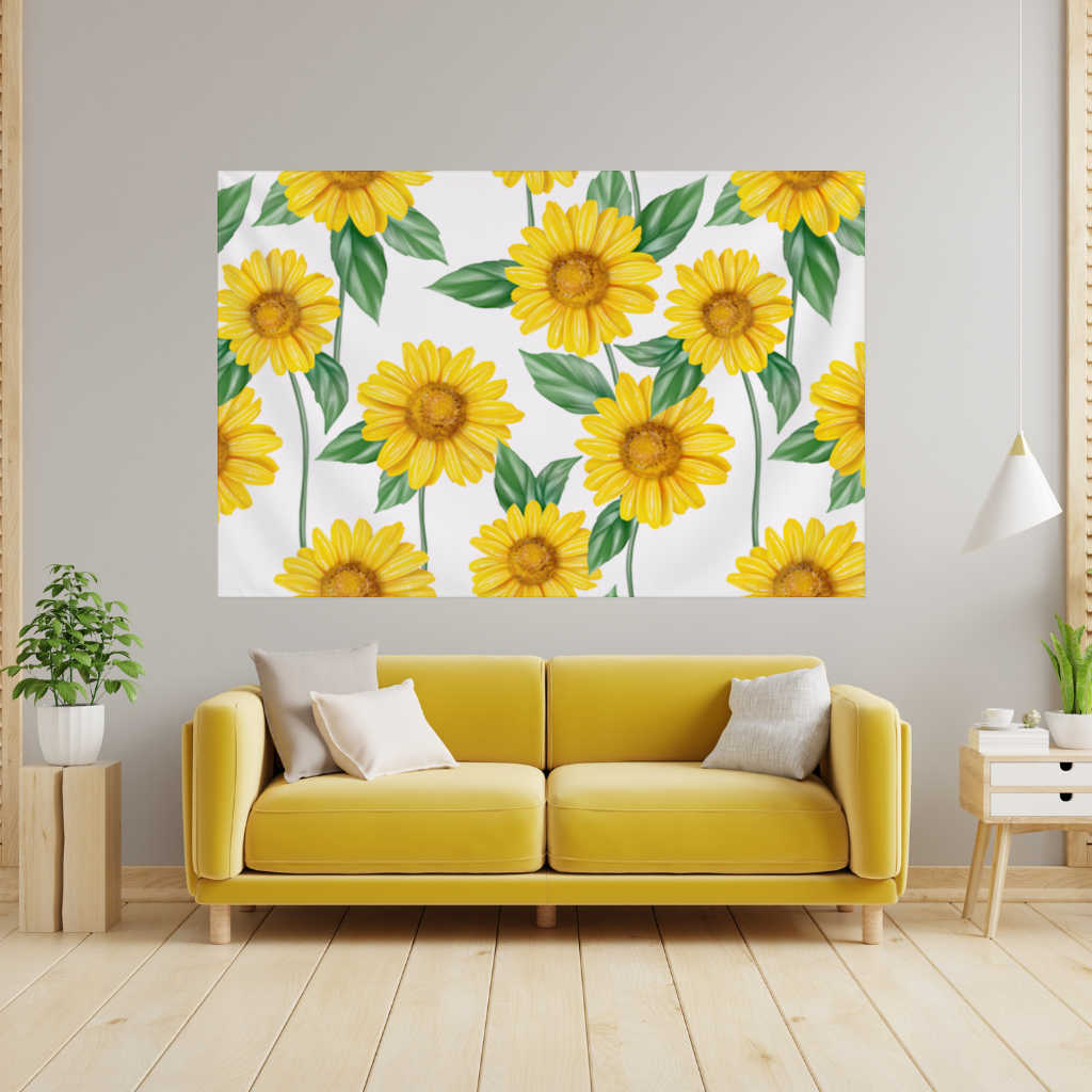 Vibrant Yellow Sunflower and Green Leaf Pattern Illustration Wall Tapestry