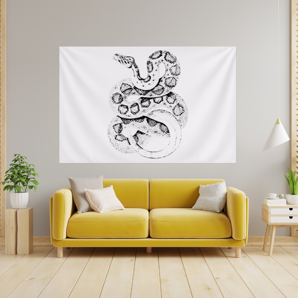 Vintage Tarzda Detaylı Çıngıraklı Yılan İllüstrasyonu Duvar Örtüsü