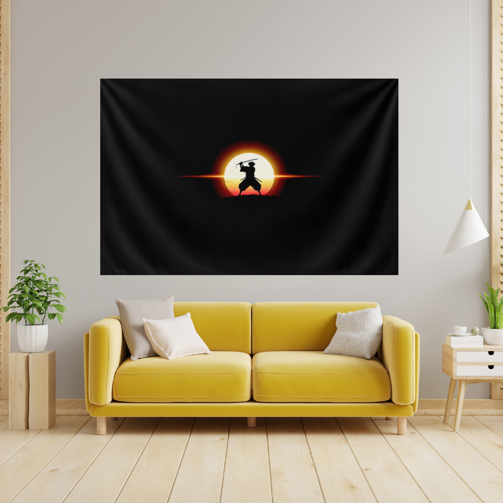 Samurai Silhouette Under the Rising Sun Honor and Strength Wall Tapestry