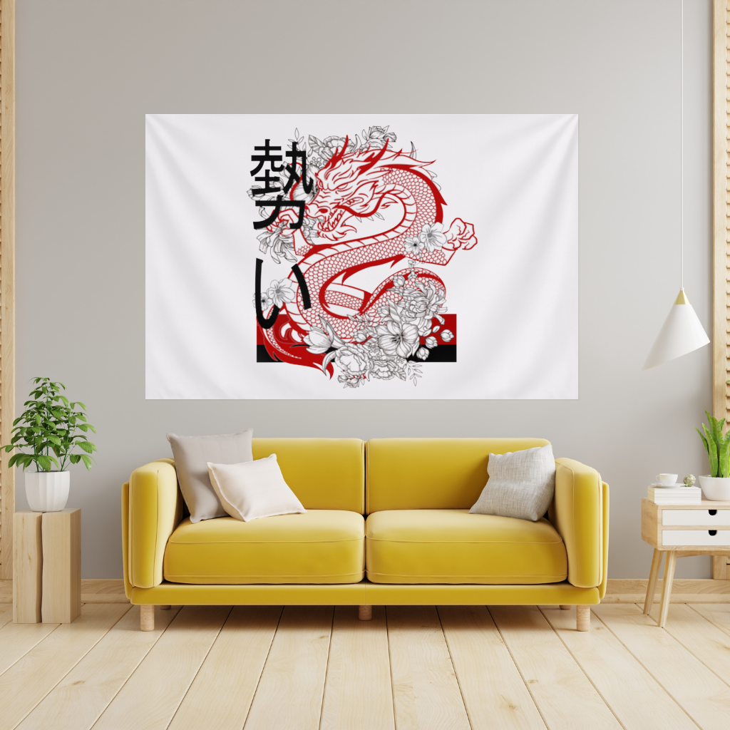Japanese Dragon with Floral Design Wall Tapestry