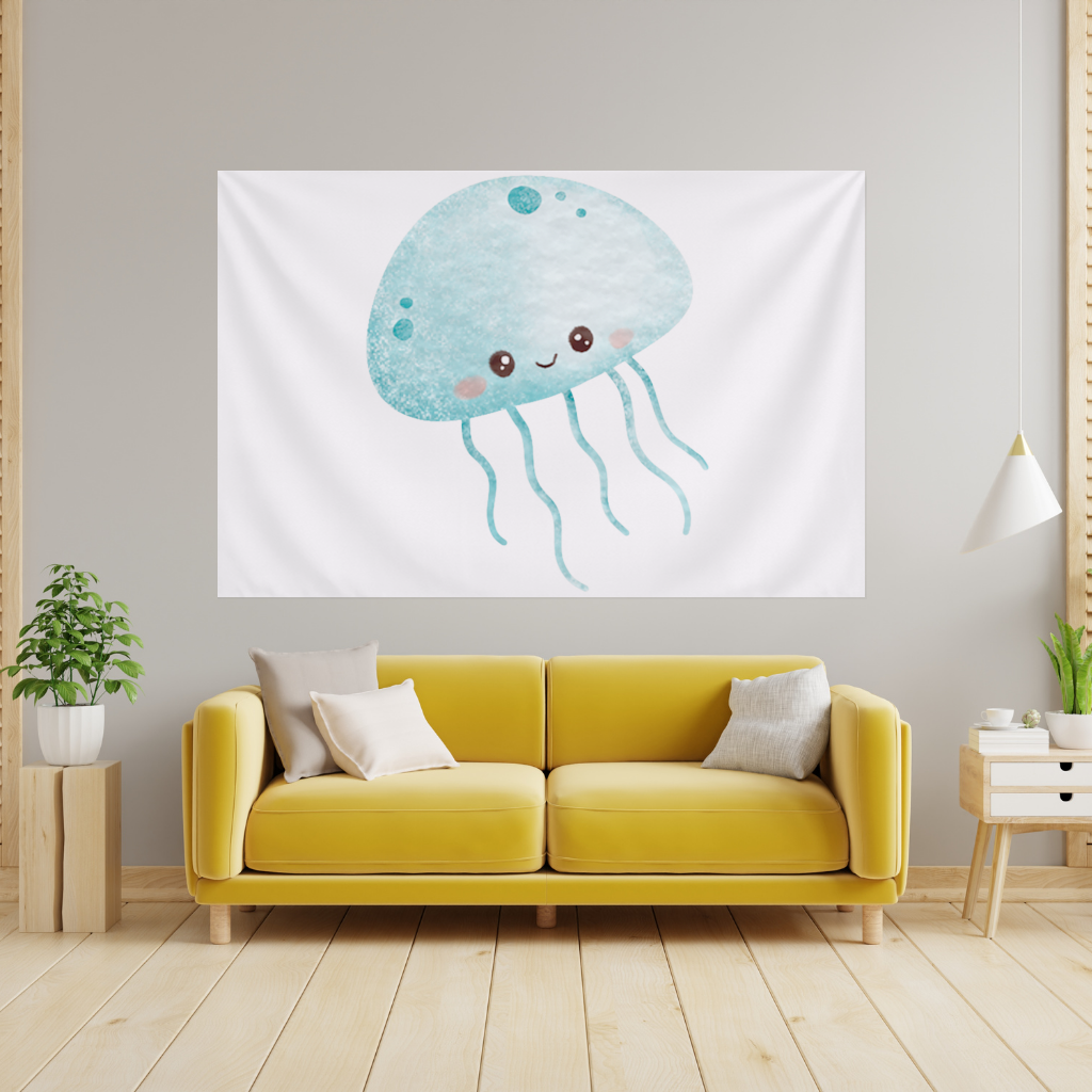 Cute Blue Jellyfish Character Wall Tapestry