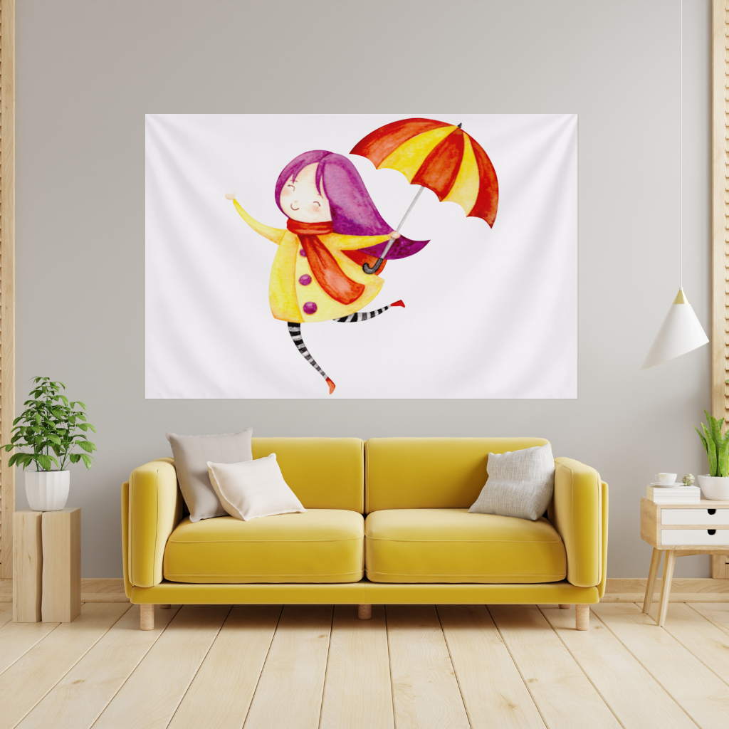 Şemsiyeli Neşeli Kız Çizimi Duvar Örtüsü