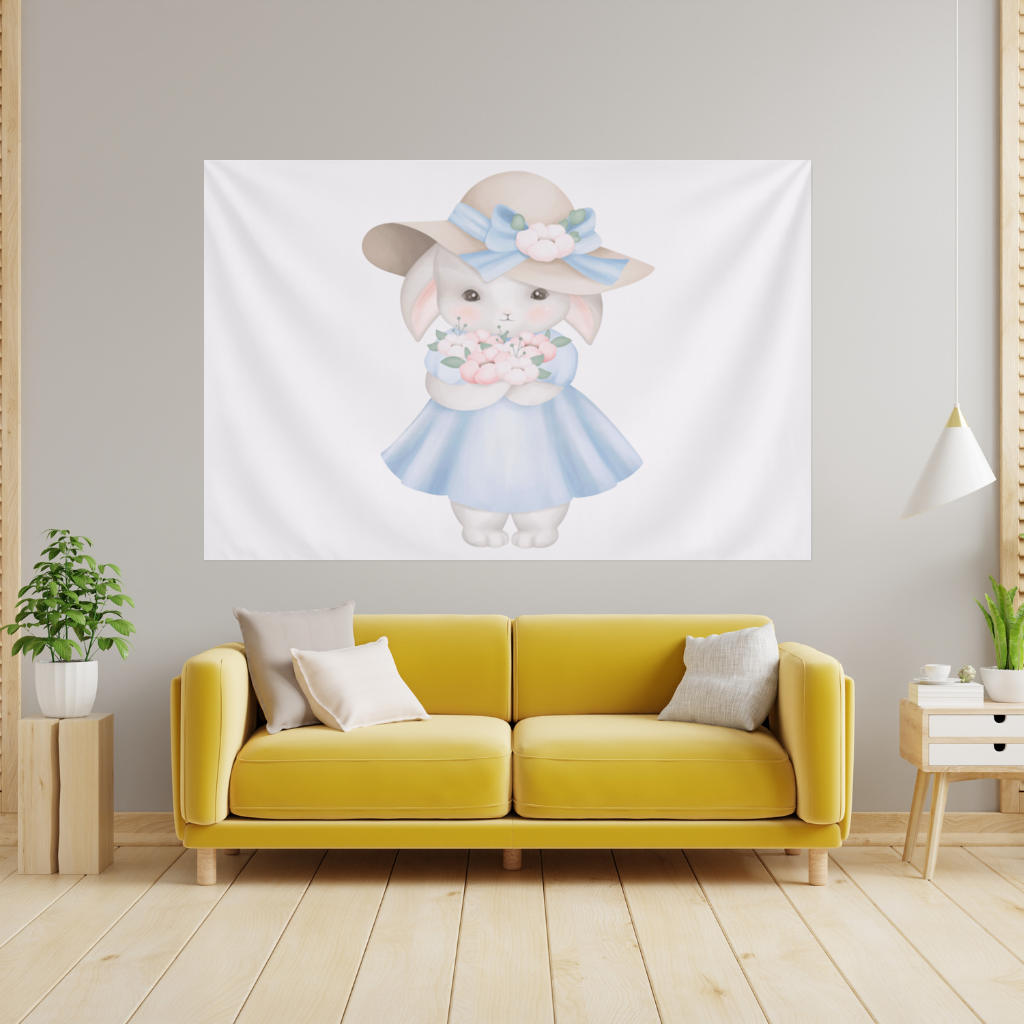 Cute Bunny with Hat Holding Flowers Wall Tapestry