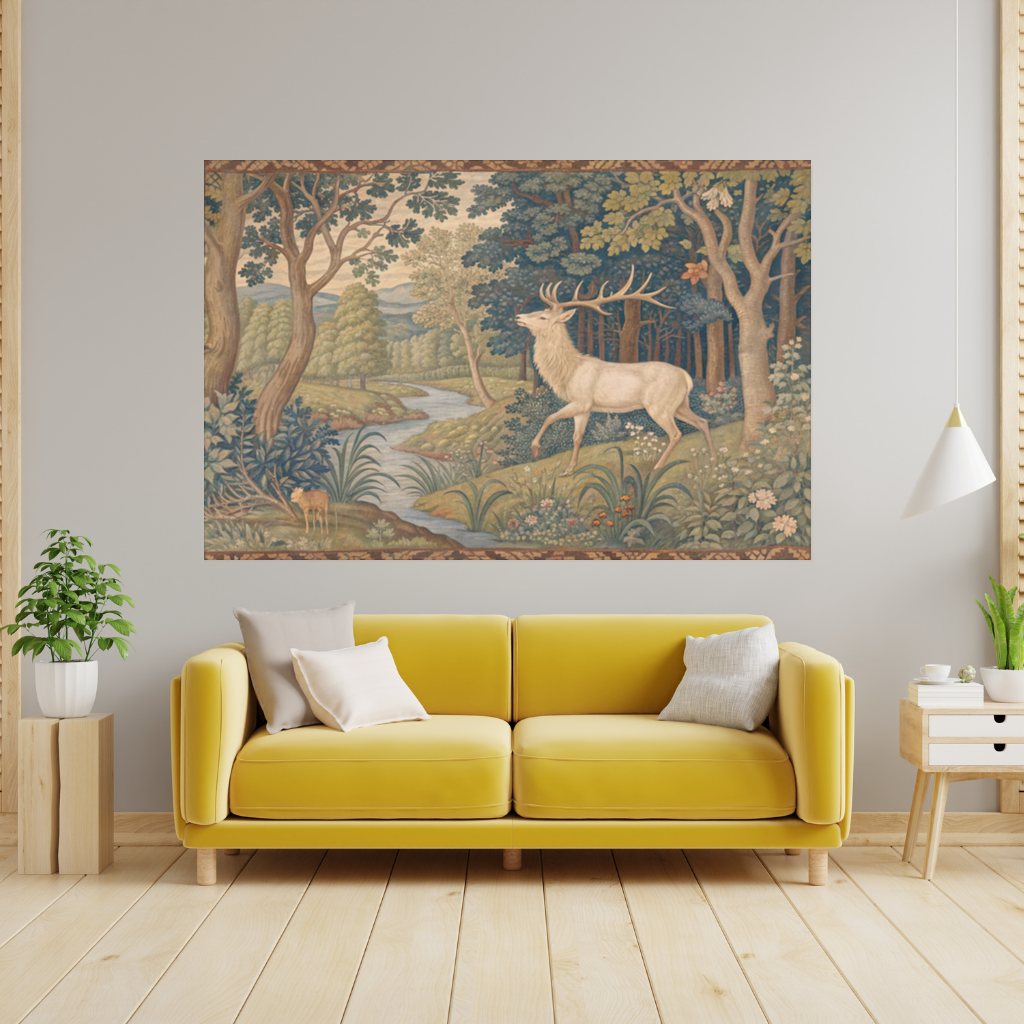 Noble Deer in Forest Landscape Classic Art Illustration Wall Tapestry