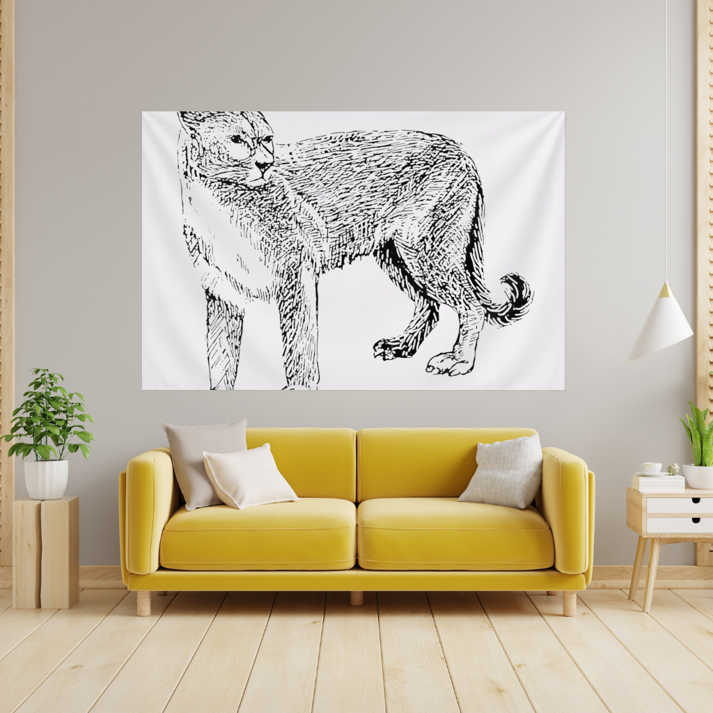 Siyah Beyaz Vahşi Kedi Eskiz Çizimi Duvar Örtüsü